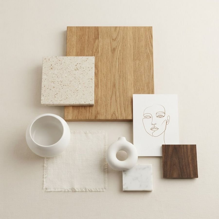 Muestras de madera de nogal y piedra volcánica